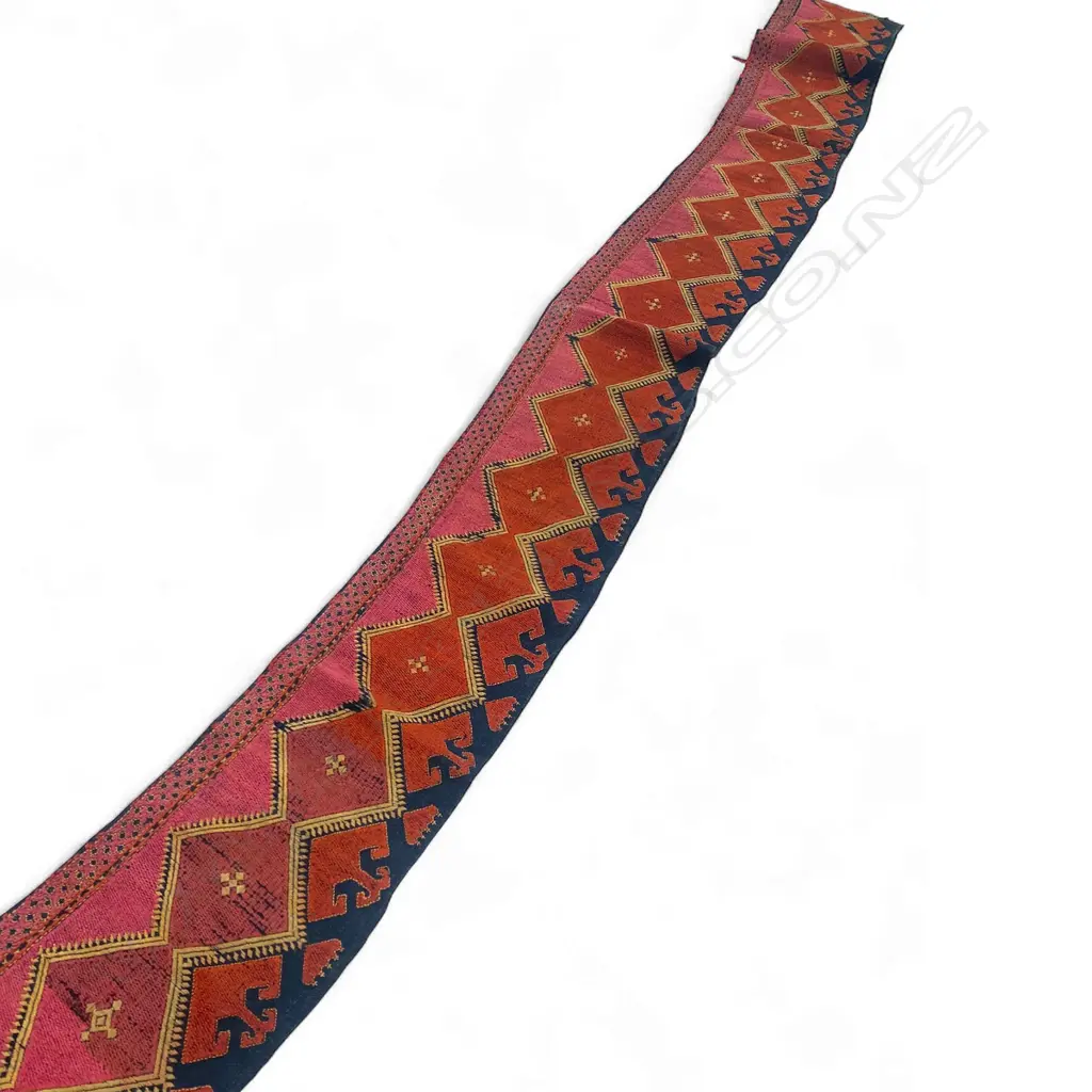 Textile band - cotton/silk embroidery,- Uzbek - black ground - pink and orange decoration. 189 x 17.5cm Image 1++